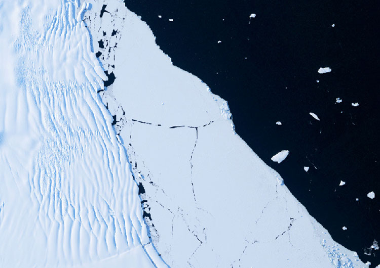 Un extremo de una plataforma de hielo se separa del continente antártico producto del aumento de temperaturas y flota hacia el océano en una imagen satelital.